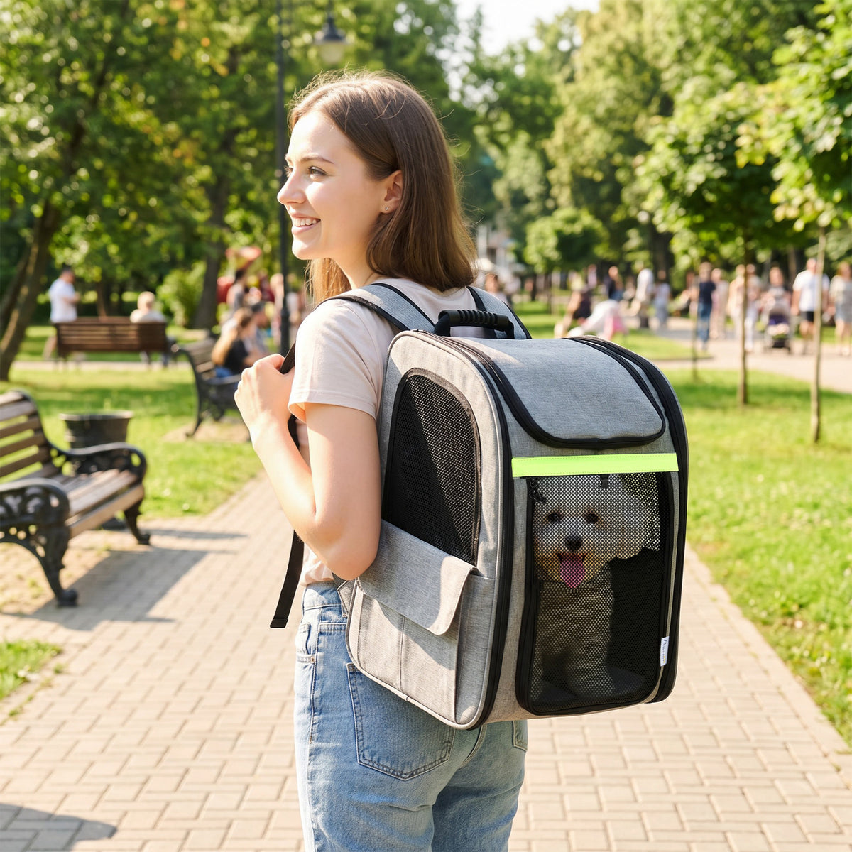 Praplečiama transportavimo kuprinė šunims ir katėms iki 10 kg, su 5 kišenėmis, 33,5x28x42 cm, šviesiai pilka