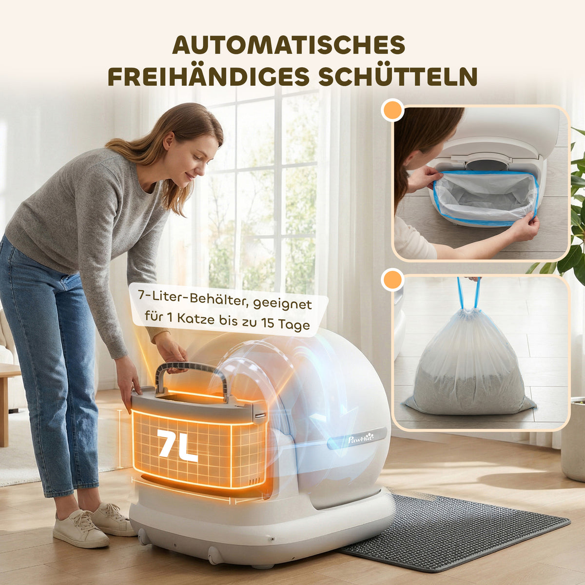 Savaime išsivalanti kraiko dėžė katėms 72 l, su kamera ir valdymu programėle, katėms 1–12 kg, balta