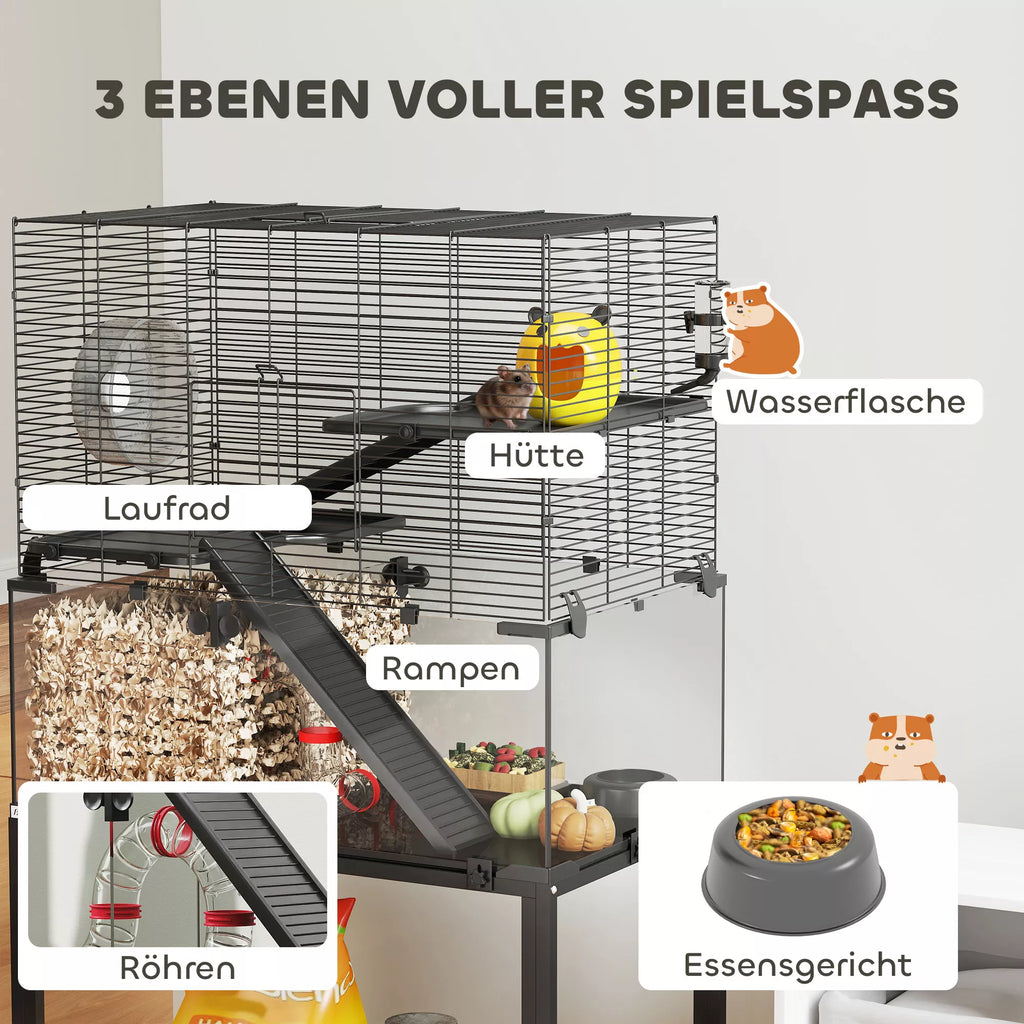 Hamsterio narvelis, 3 aukštų narvelis smulkiesiems gyvūnams, bėgimo ratas, namelis, platformos, rampos, pašaro dubuo, vandens butelis, priedai, plienas, plastikas, juoda spalva