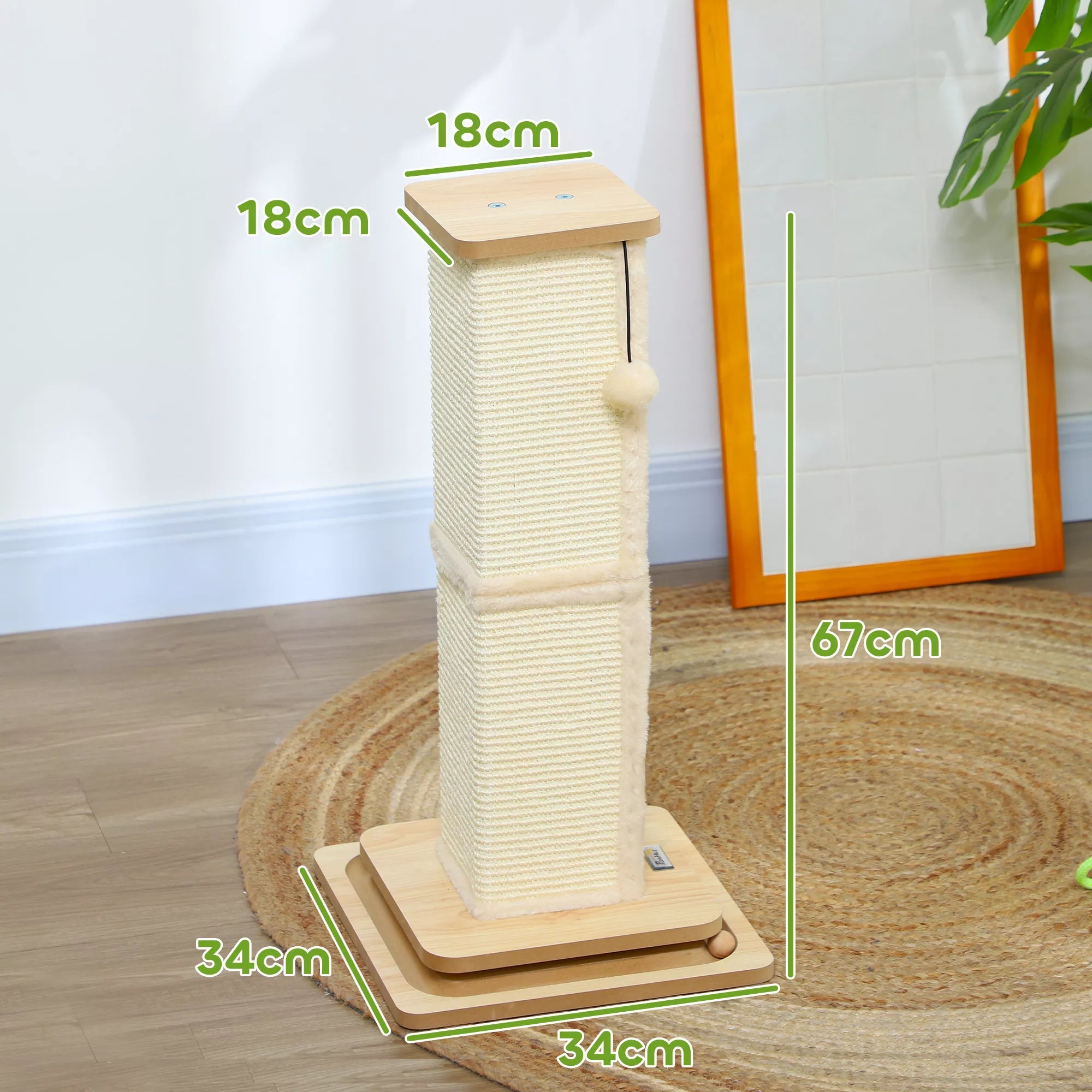 3-in-1 draskyklė su žaidimų bėgeliu, žaidimų kamuoliuku, sisalu, iki 5 kg, 34 x 34 x 67 cm, ąžuolas/kreminė