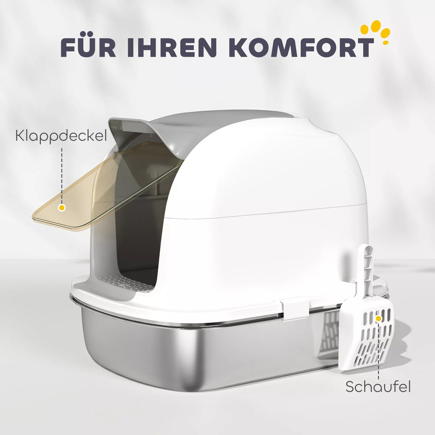 Nerūdijančio plieno kačių tualetas su dangčiu, uždara dėžė su samteliu, plienas ir plastikas, katėms iki 5kg 52,4 x 41,3 x 42 cm, balta