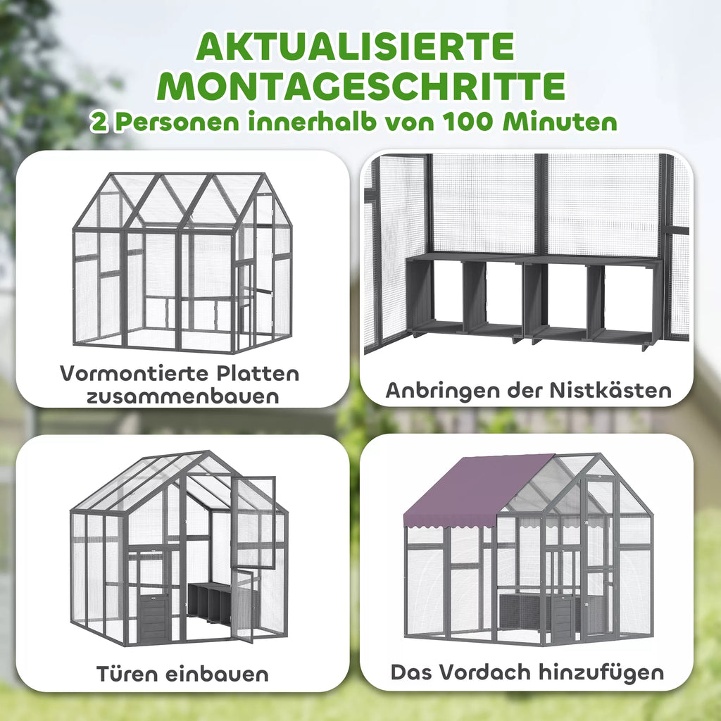 Vištidė ir aptvaras su vandeniui atspariu stogu, 2 lizdinės dėžės, 2 atraminės kartys, skirta 6-8 vištoms, apie 1,7 x 1,8 x 1,8 m