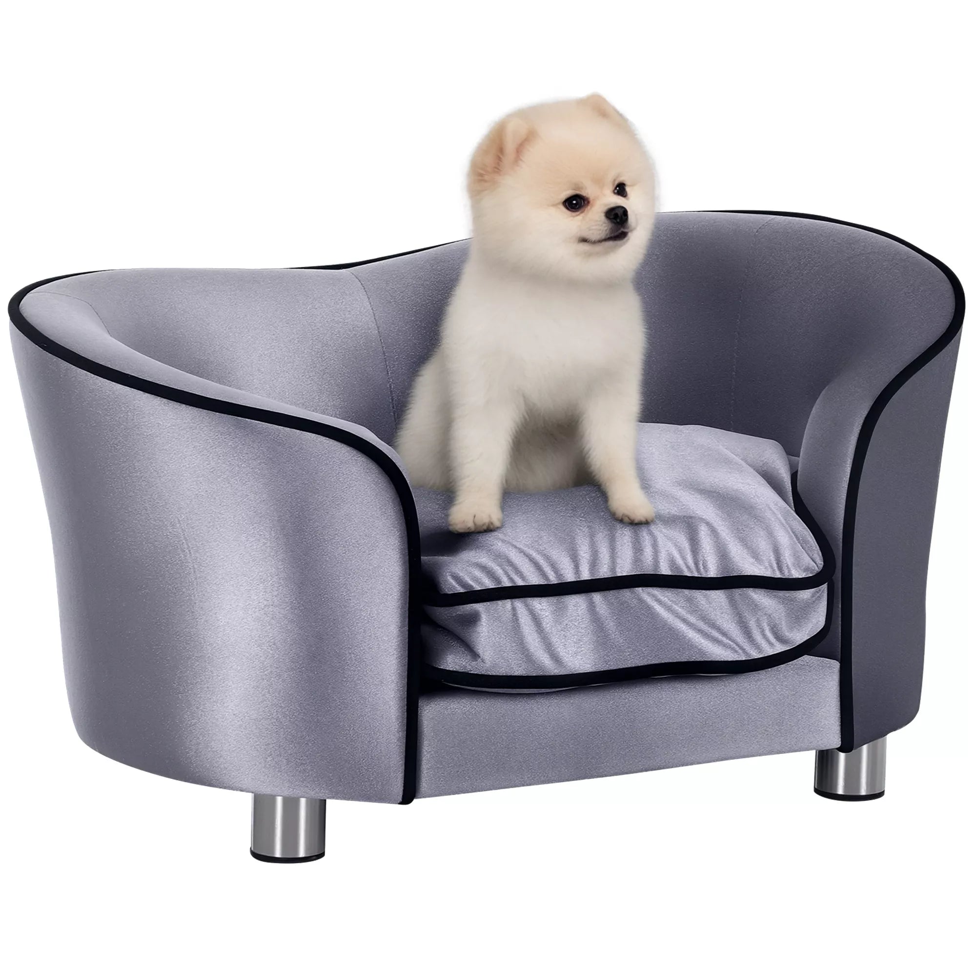 Šunų sofa, šunų lovelė, skalbiama sėdimoji pagalvėlė, pliušinis užvalkalas, natūralaus medžio rėmas, šviesiai pilka, 69 x 49 x 38cm