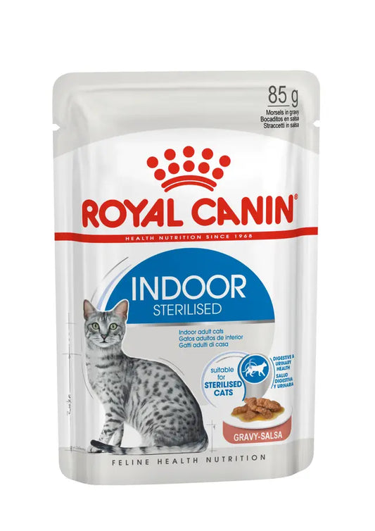 Indoor sterilized drėgnas pašaras kambarinėms sterilizuotoms katėms Royal Canin (gabaliukai padaže)