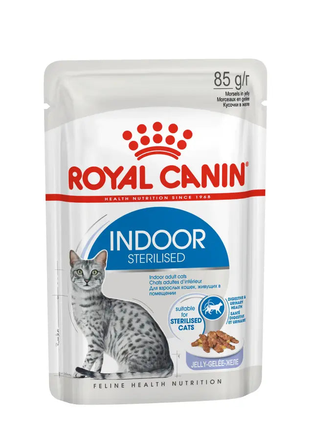 Indoor sterilized drėgnas pašaras kambarinėms sterilizuotoms katėms Royal Canin (gabaliukai želėje)