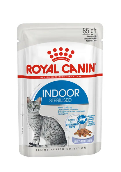 Indoor sterilized drėgnas pašaras kambarinėms sterilizuotoms katėms Royal Canin (gabaliukai želėje)