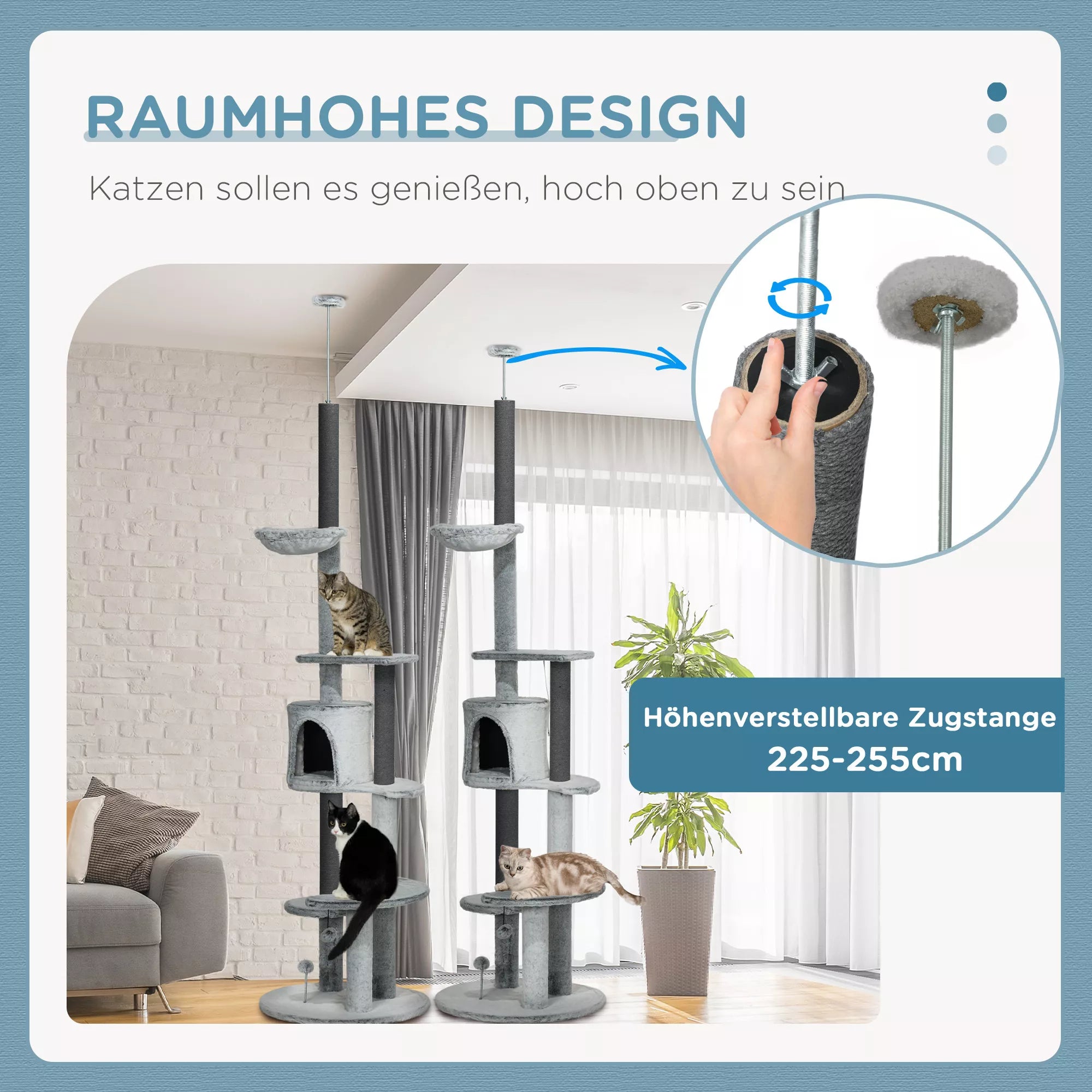Kaķu māja ar griestu spriegumu, šūpuļtīkls, mājiņa, platformas, rotaļlieta, 225-255cm, pelēka