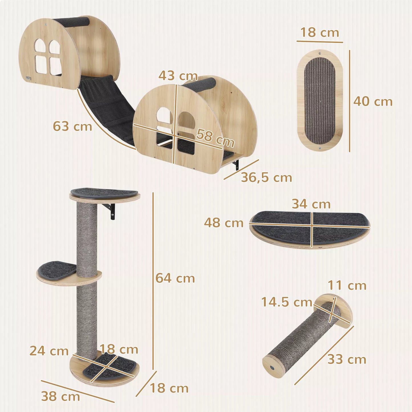 Katės laipiojimo sienelė, 7 dalių, katės laipiojimo sienelės komplektas su sizalio stulpu, kopėčiomis, platforma, draskykle, pilka