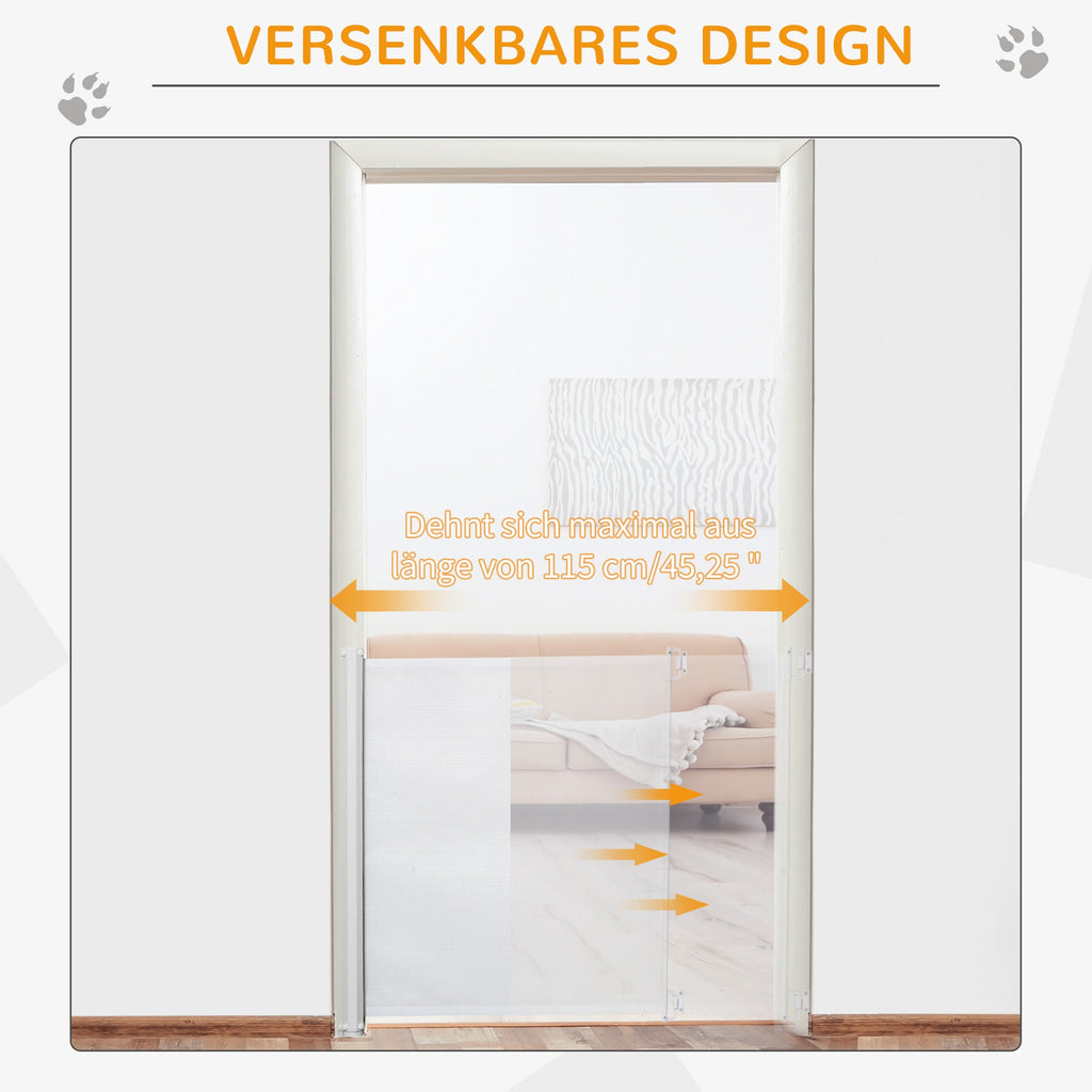Apsauginiai varteliai laiptams 115 cm šunims, apsauginiai varteliai durims, apsauginė sienelė, ištraukiamas apsauginis roletai laiptams, susukamas roletai, plastikas, baltas