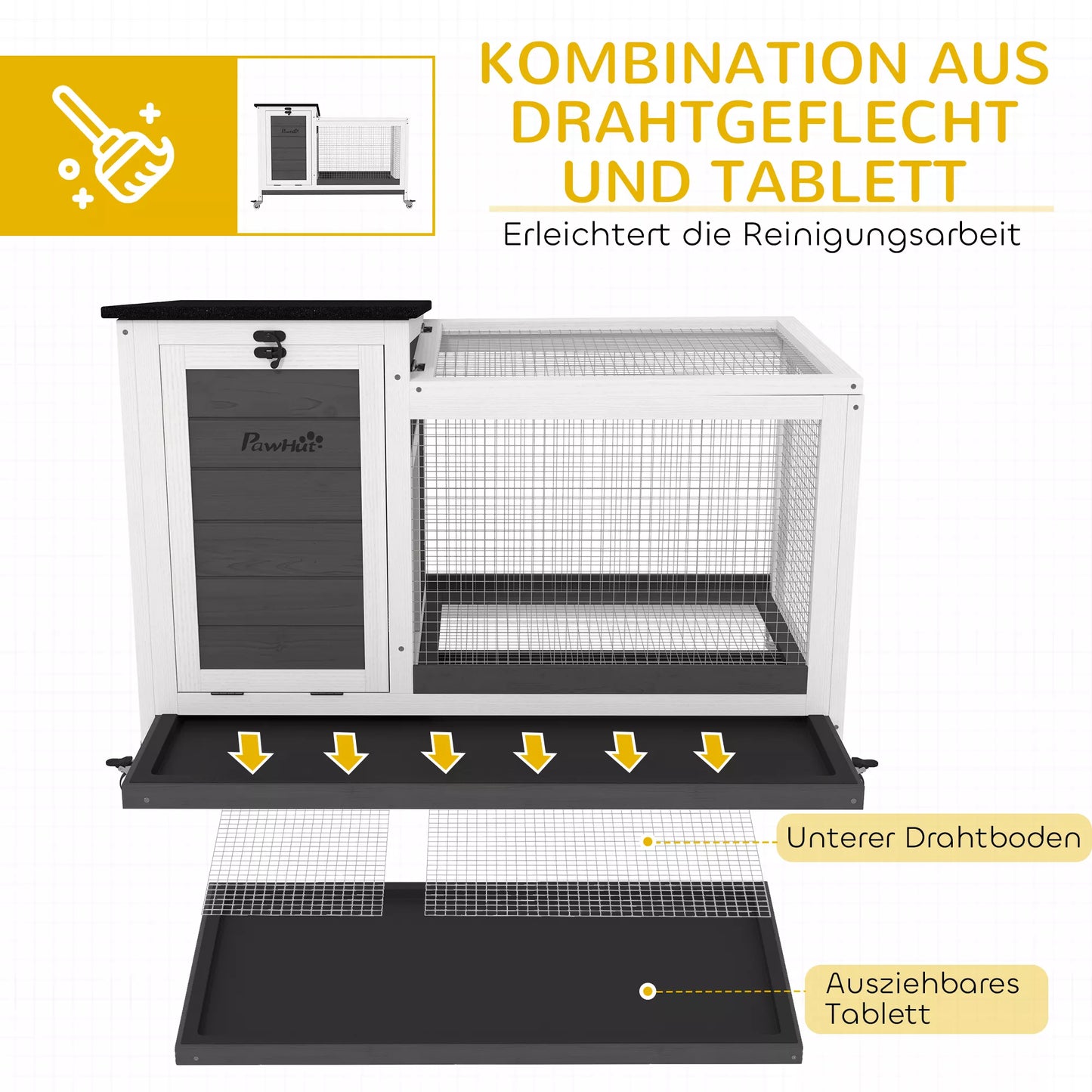 Medinė triušidė su lauko aptvaru, ratukais ir atlenkiamu stogu, skirta naudoti viduje ir lauke, 92 x 52 x 67 cm, tamsiai pilka