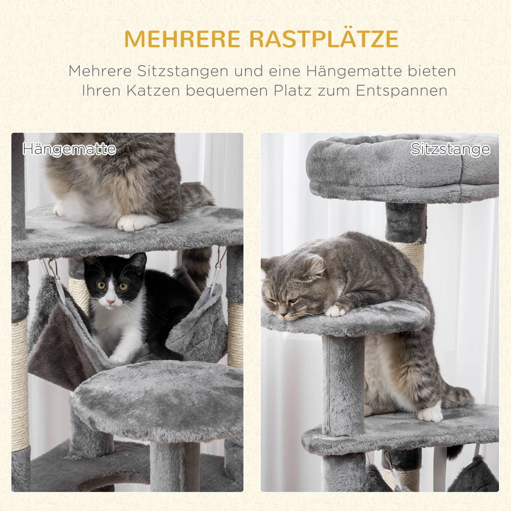 Kaķu māja, kaķu nagu skrāpējamā kaste, kaķu rotaļu tornis, kaķu kāpšanas koks, nagu skrāpējamā kaste ar šūpuļtīklu, pelēka, garums 40 x platums 40 x augstums 132 cm