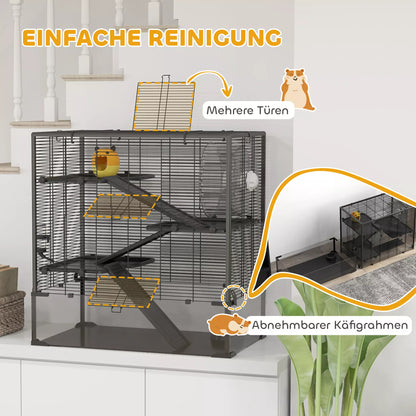 Kāmju būris ar stikla dibenu, 4 līmeņu kāmju voljērs ar mājiņu un aksesuāriem, 78,5 cm garums x 48,5 cm platums x 80 cm augstums, melns