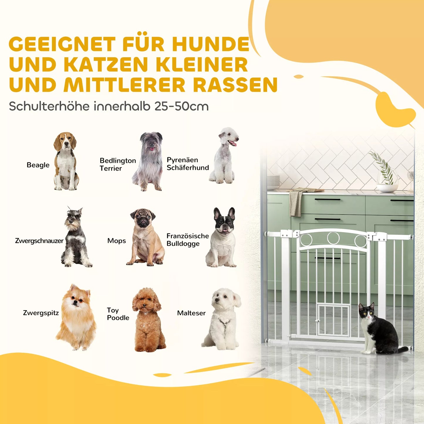 Gyvūnų varteliai, 77 cm laiptų varteliai, reguliuojamas plotis 76-104 cm, su katės durelėmis, skirti laiptams ir durų angoms, balti