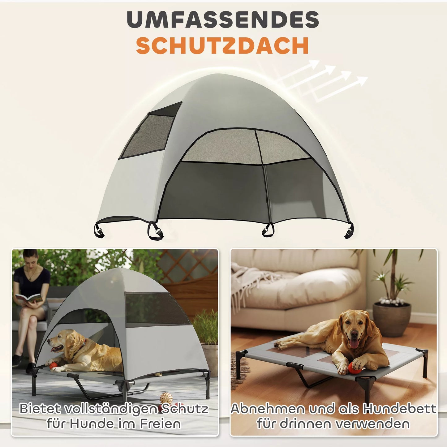 Āra suņu gulta ar nojumi, paaugstināta suņu gulta lieliem suņiem, 91 x 76 x 90 cm, gaiši pelēka