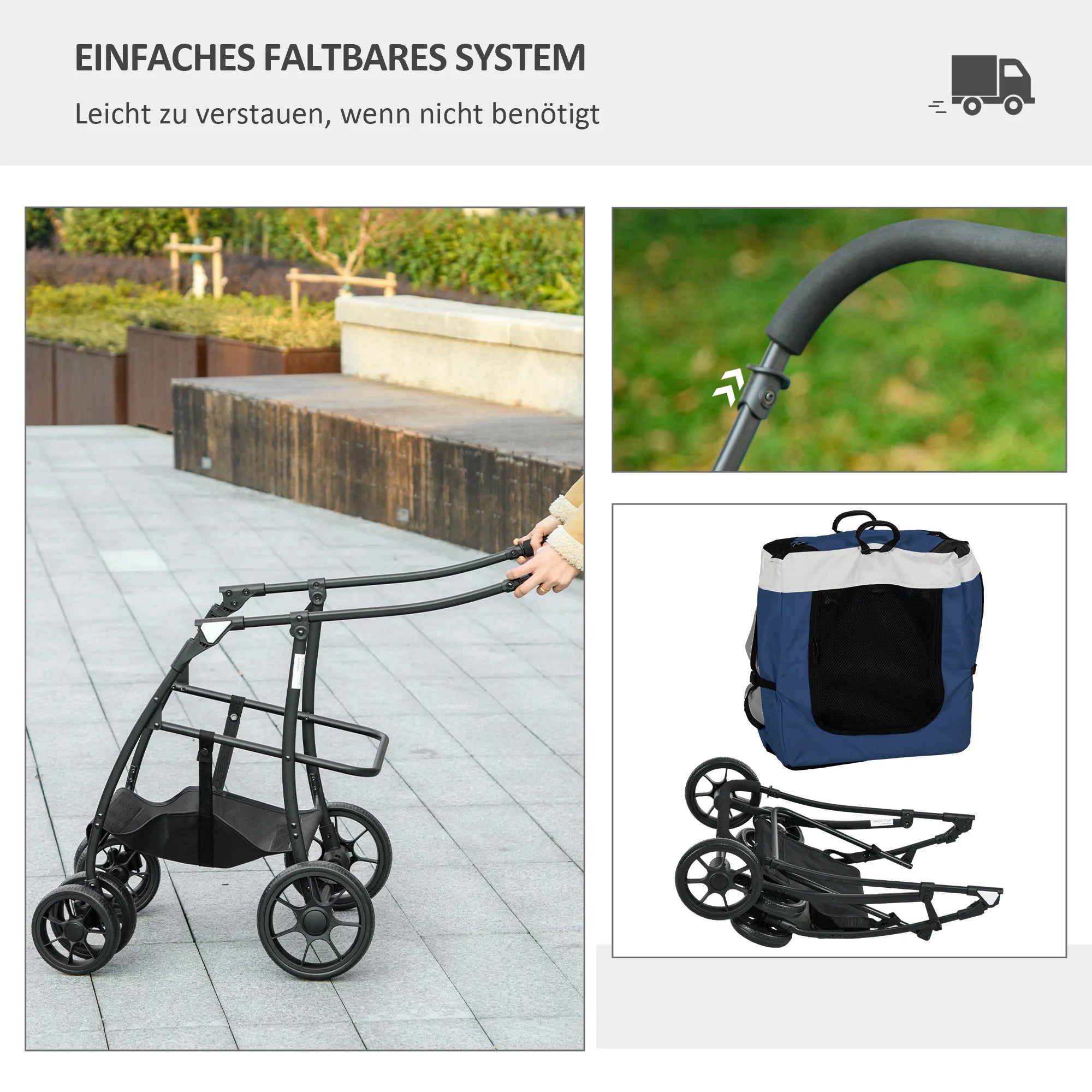 Vežimėlis šuniui, vežimėlis augintiniui, augintinio transportavimo priemonė iki 10 kg, sulankstomas, reguliuojamos rankenos, nuimamas krepšys, 81 x 58 x 97,5 cm, juoda + mėlyna + balta
