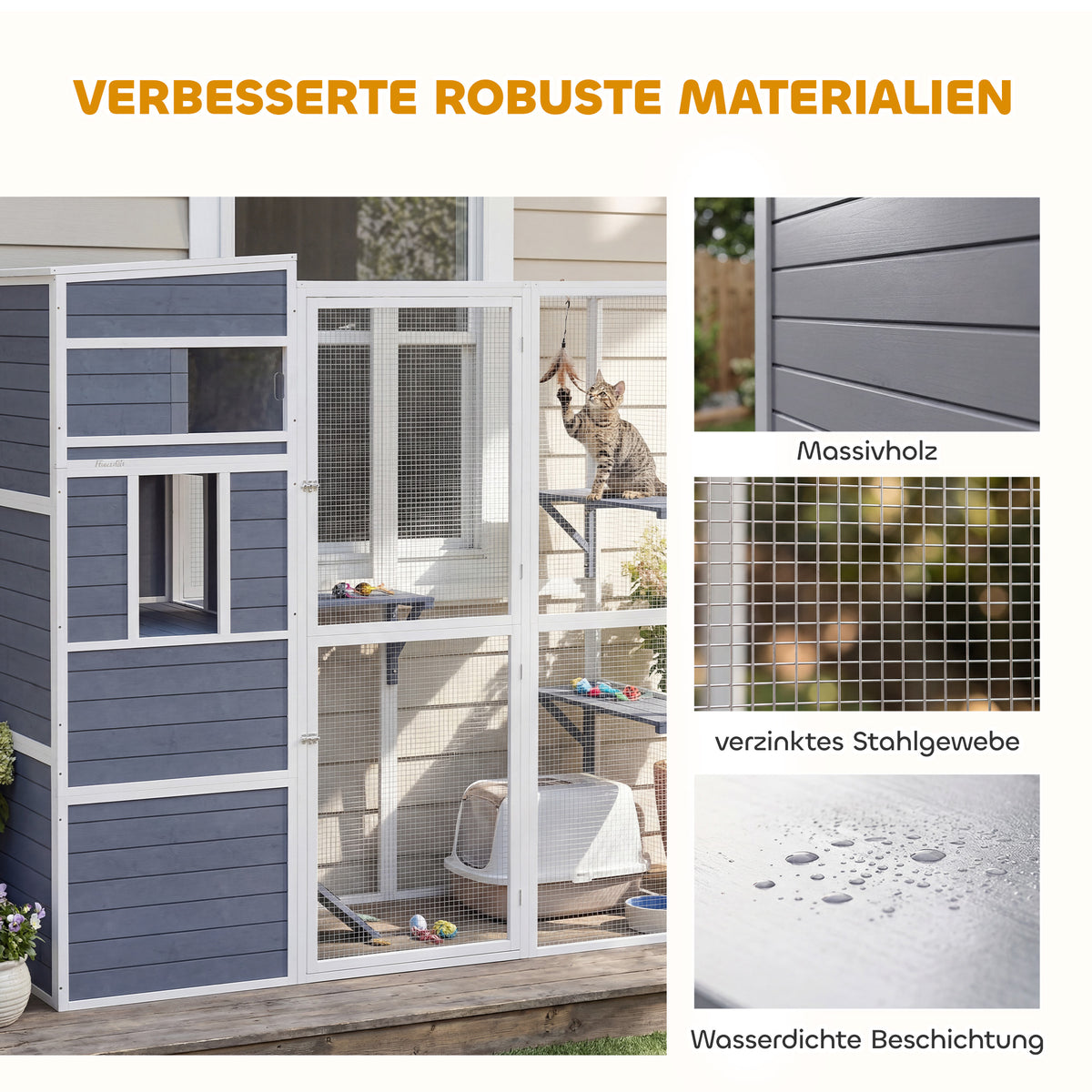 Lauko voljeras katėms 191x83x178 cm, medinis, su nameliu, 3 platformomis ir stogu, 3–4 katėms iki 10 kg, pilkas