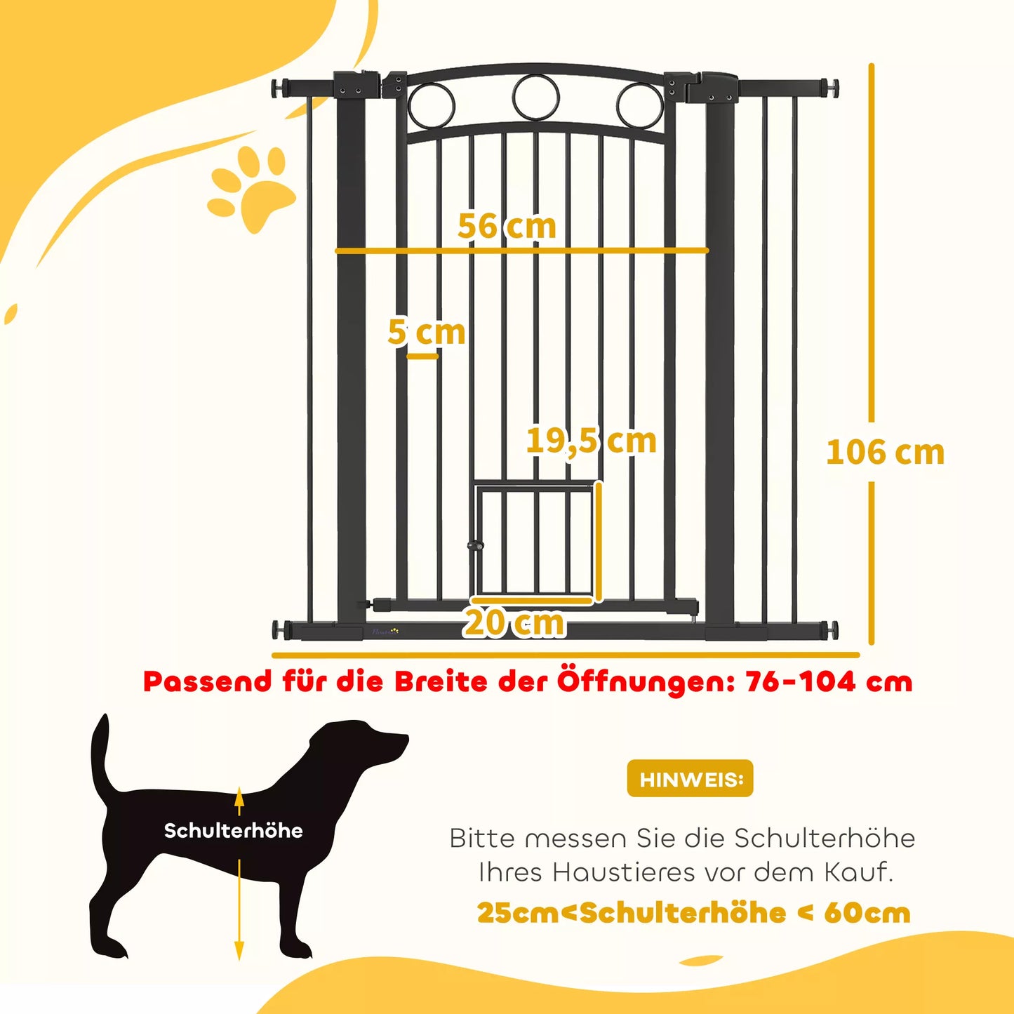 106 cm aukščio reguliuojamo pločio gyvūnų varteliai su integruotomis katės durelėmis, skirti laiptams ir durų staktoms, juodi