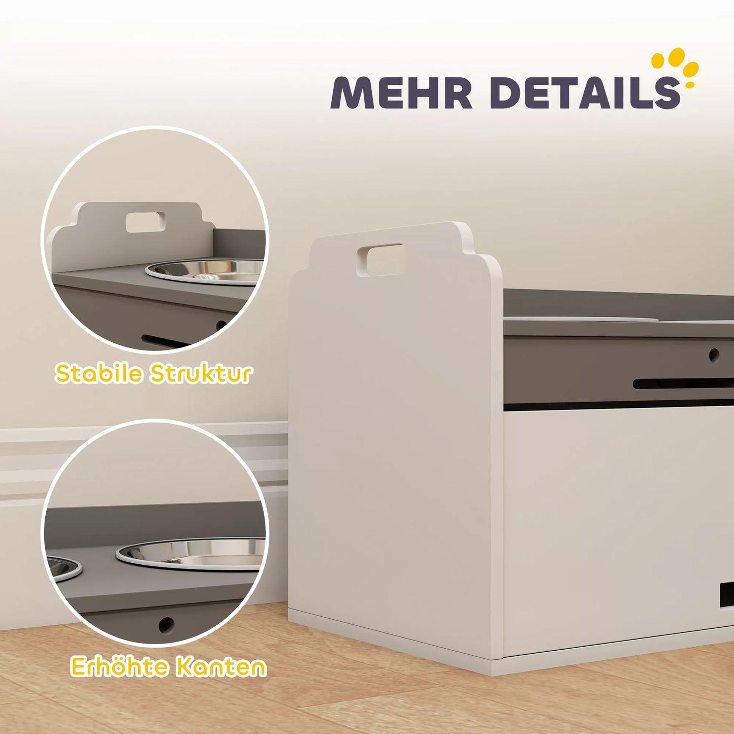 Paaukštintas šunų dubenėlių stovas su daiktų laikymo spintele, šėrykla su dviem dubenėliais, medis ir nerūdijantis plienas, 60 x 30 x 35,5 cm, balta