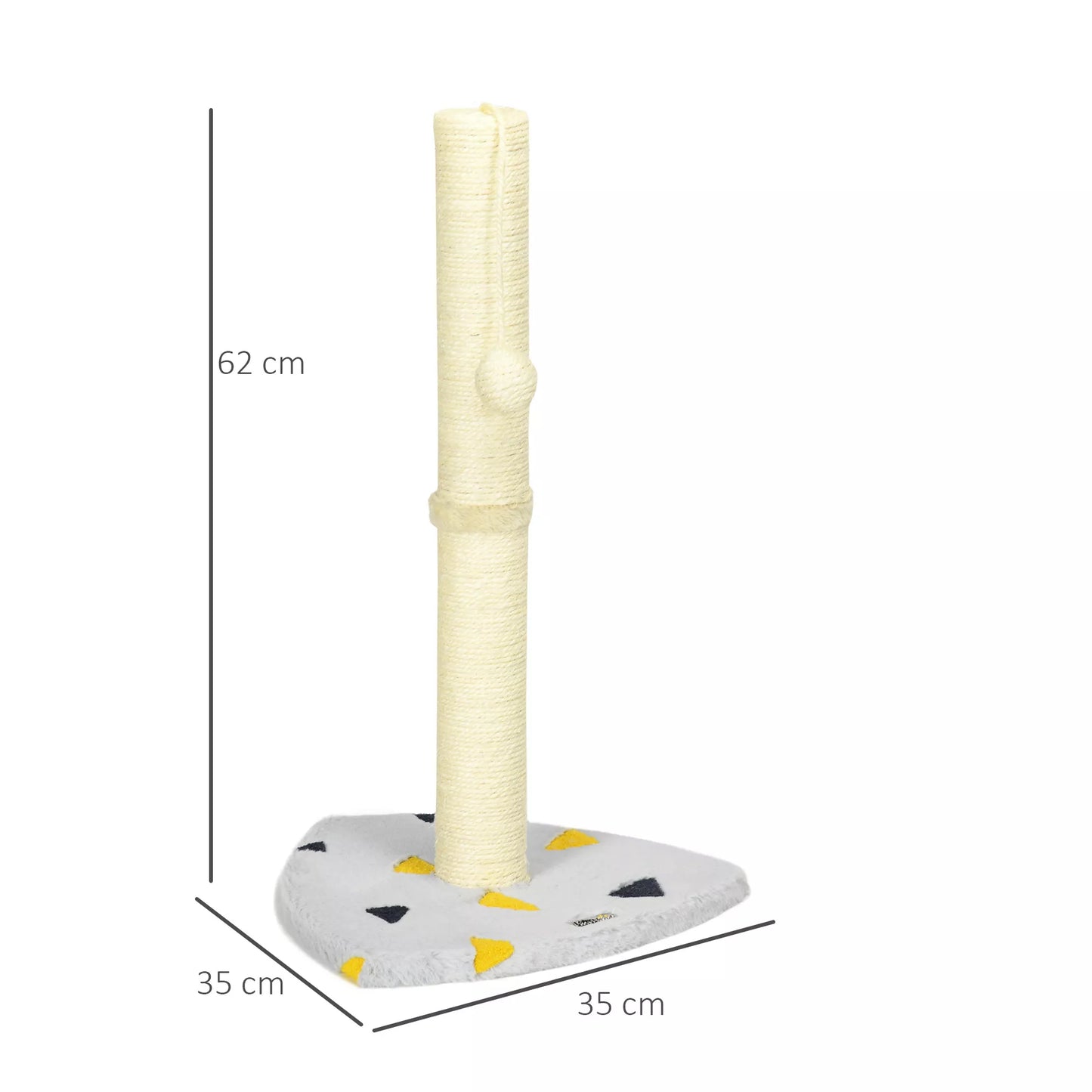 Kačių draskyklė su žaidimų kamuoliuku, kompaktiško dydžio, tvirtos džiuto virvės, šviesiai pilkos+smėlio spalvos, 35 x 35 x 62 cm
