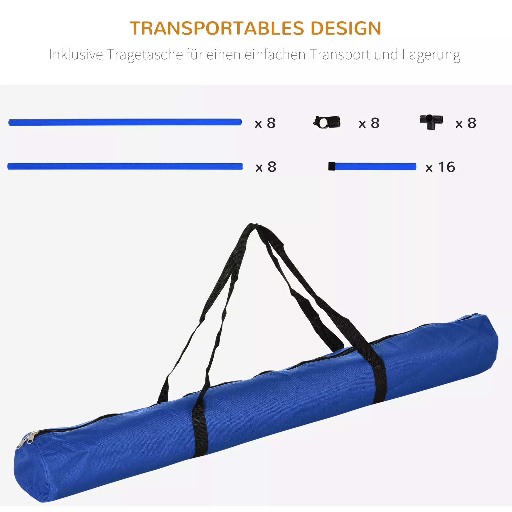 Šunų Agility Rinkinys, 4 dalys, reguliuojamo aukščio. Agility įranga, šuolių kartelių rinkinys, su 4 kliūtimis, su nešiojimo krepšiu. Koordinacijos treniruotėms, šuolių kartelių rinkinys žaidimams ir treniruotėms.