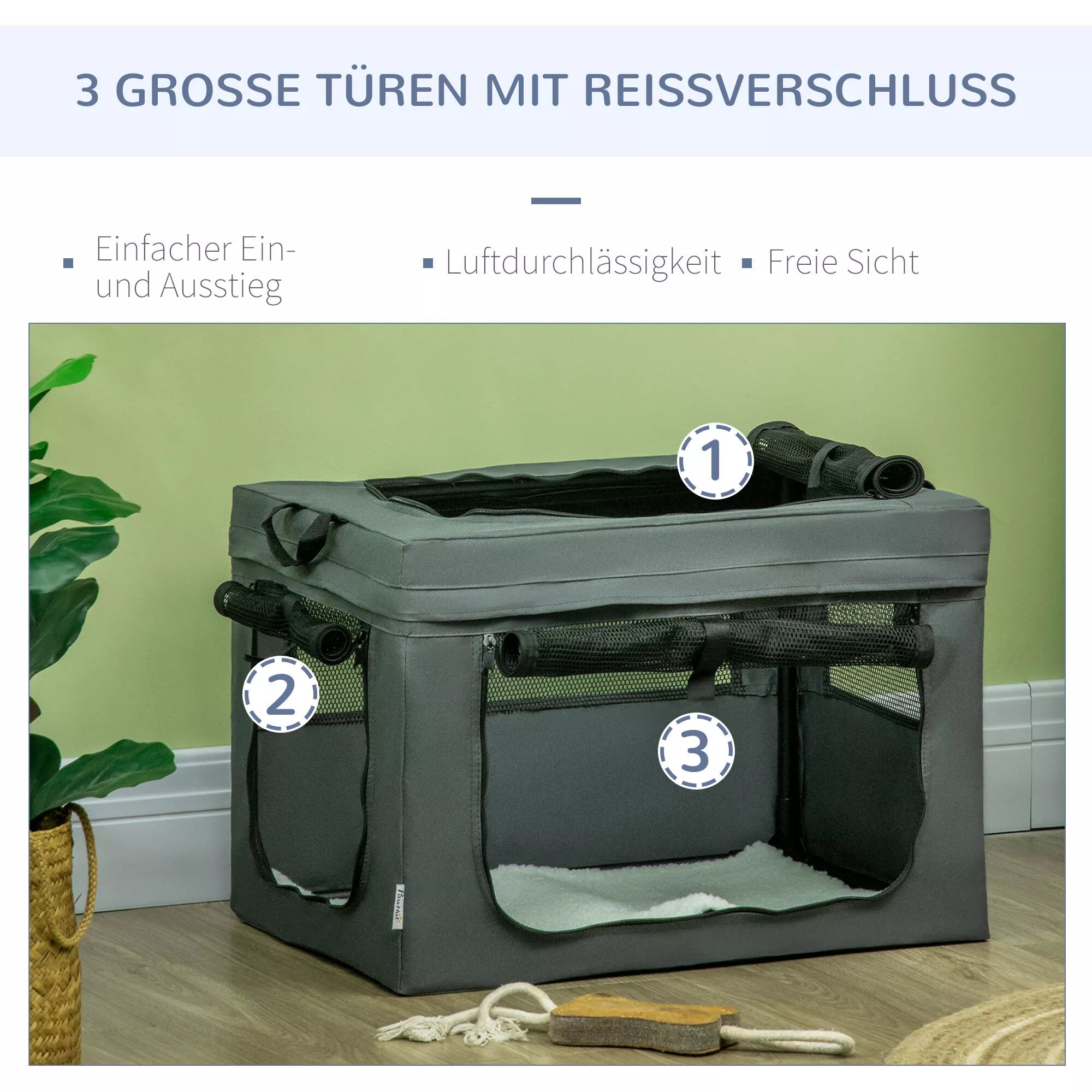 Transportavimo dėžė, sulankstoma, 3 įėjimai, vidinis pagalvėlė, skirta šunims ir katėms iki 4 kg/40 cm, pilka