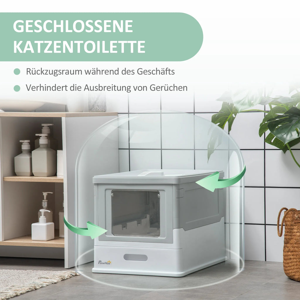 Katės tualetas su pagrindiniu padėklu ir kastuvėliu, plastikas, pilkas