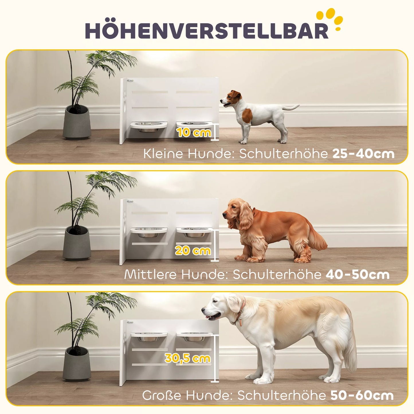 Stovas maistui šunims, reguliuojami dubenėliai su atskiru dizainu, 2 nerūdijančio plieno dubenėliai, kilimėlis nuo greito ėdalo, Baltas