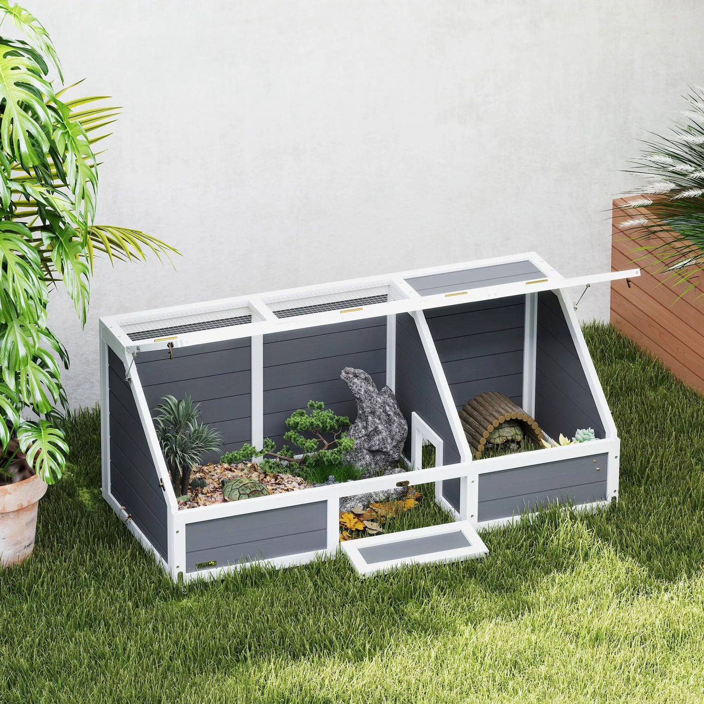 Lauko vėžliukų aptvaras, be dugno dizainas, lengvai atidaromas, vėžliukų namelis, šviesiai pilkas