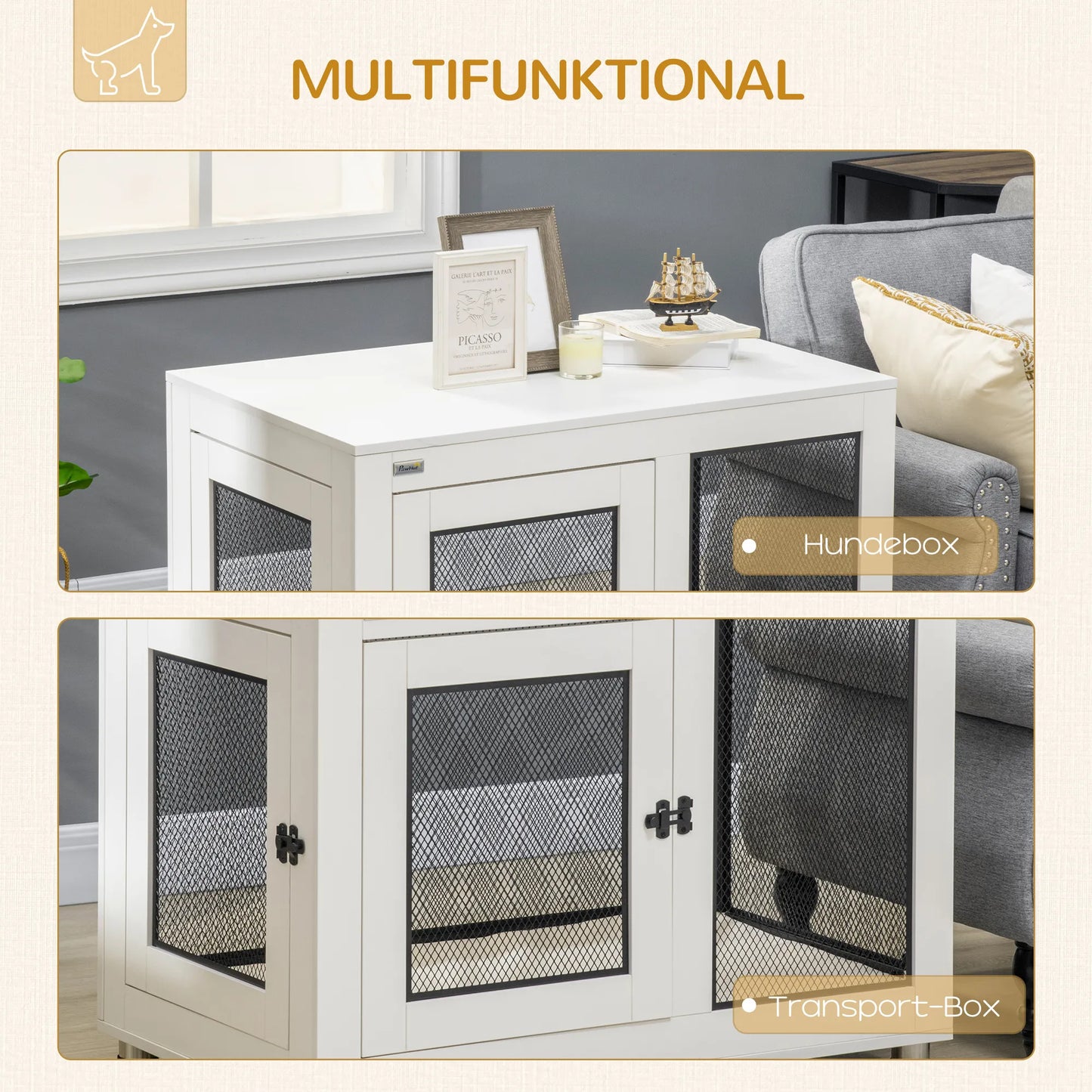 Šunų narvas, su minkštu kilimėliu, 2 durimis, užrakinamas, plieninis, baltas, 94 x 60 x 71,5 cm