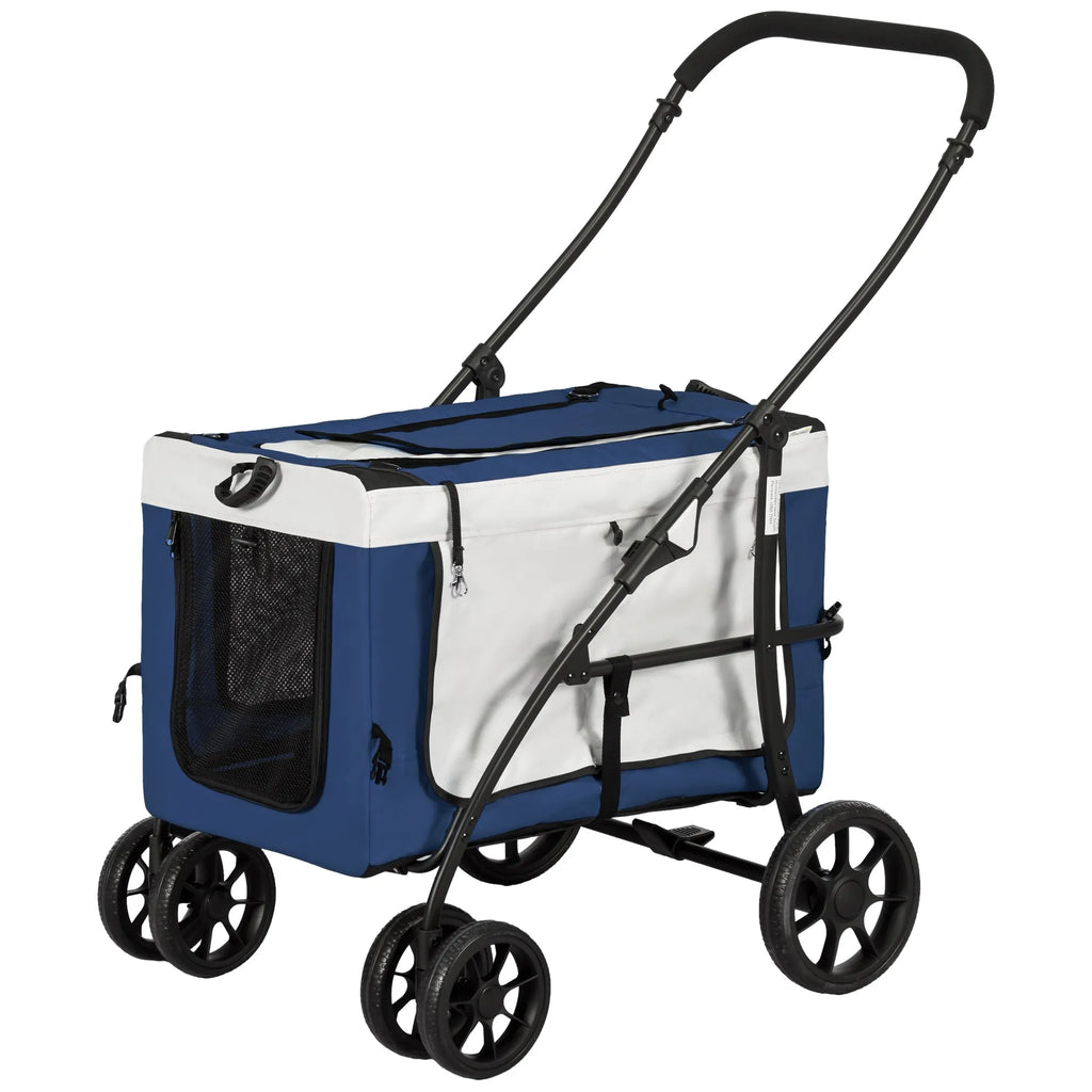 Vežimėlis šuniui, vežimėlis augintiniui, augintinio transportavimo priemonė iki 10 kg, sulankstomas, reguliuojamos rankenos, nuimamas krepšys, 81 x 58 x 97,5 cm, juoda + mėlyna + balta