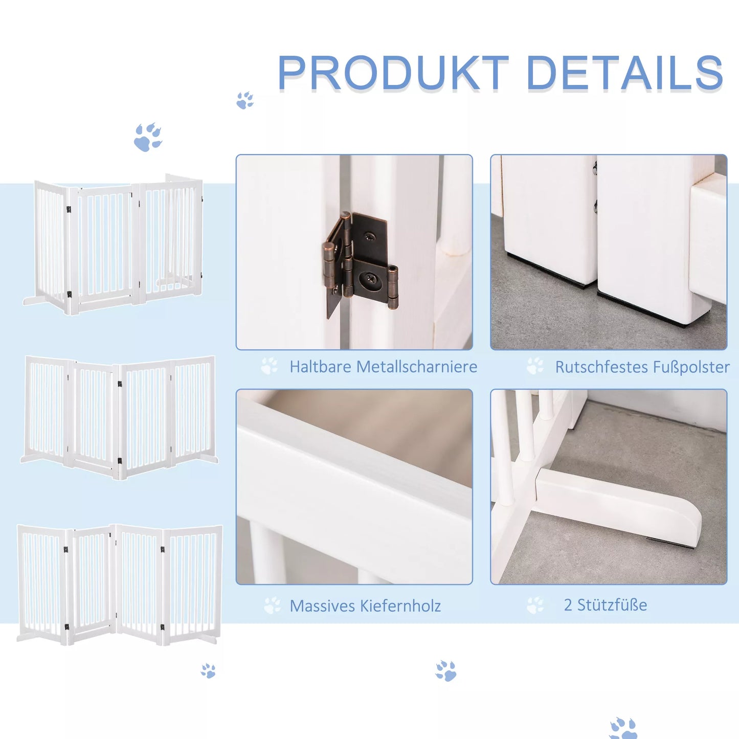 Suņu drošības vārtiņi, 4 daļu, 220 x 91 cm, salokāmi, drošības vārtiņi ar durvīm, brīvi stāvoši suņu vārtiņi ar 2 atbalsta kājām, koka kāpņu vārtiņi gaitenim, virtuvei, kāpnēm, balti