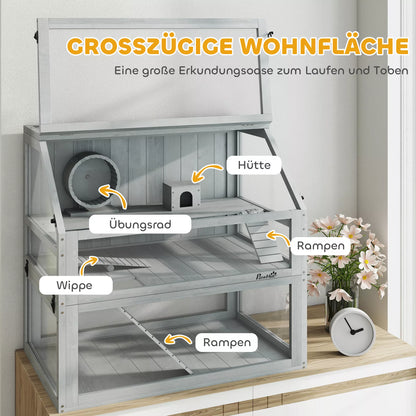 Koka māja kāmīšiem, 3 stāvu ar lielu dibenu, noņemamiem līmeņiem, maziem dzīvniekiem, 80x50x76cm, gaiši pelēka