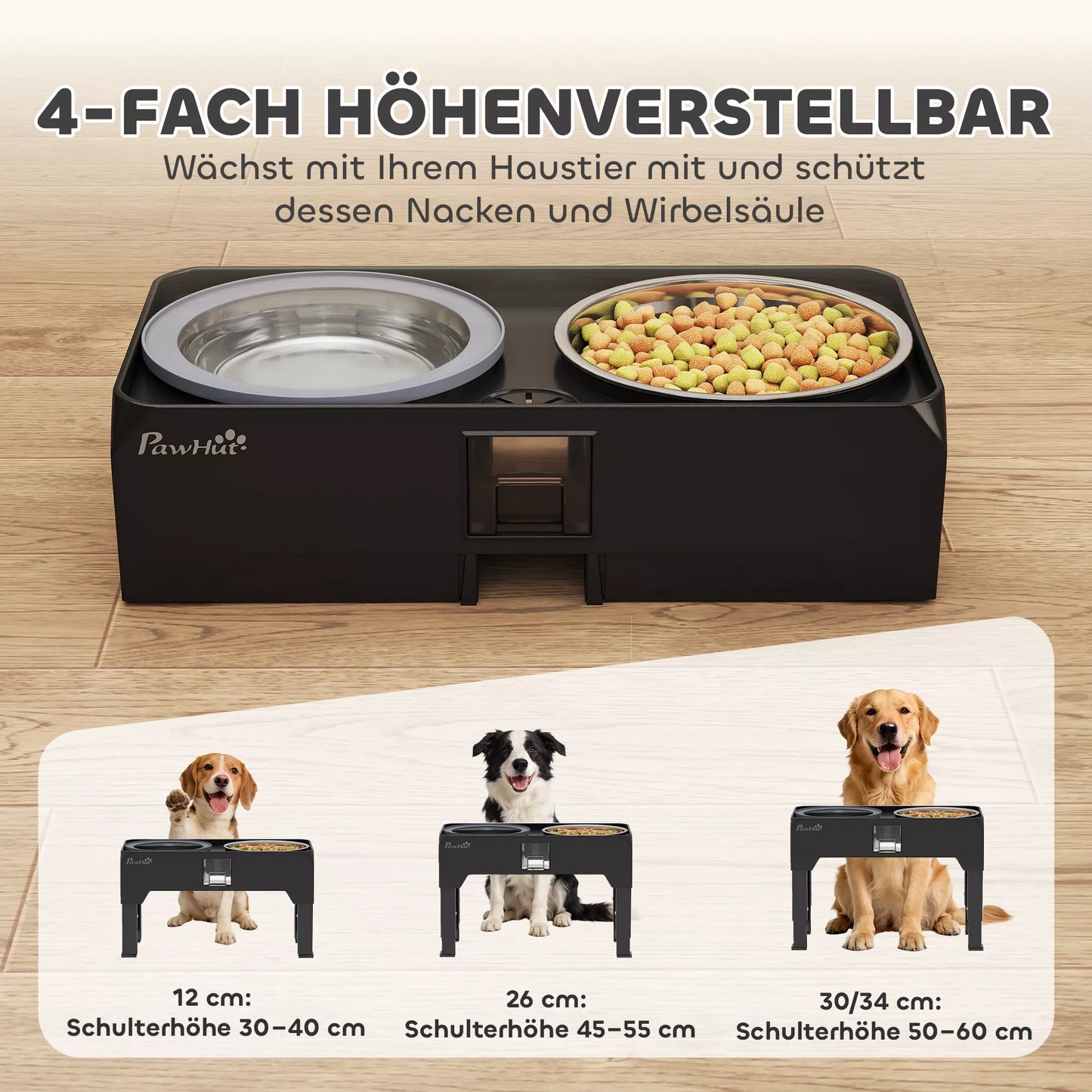 Padidintas šunų dubuo Reguliuojamo aukščio dubuo su vandens dubeniu 2 nerūdijančio plieno dubenys mažoms ir didelėms šunims Juodos spalvos