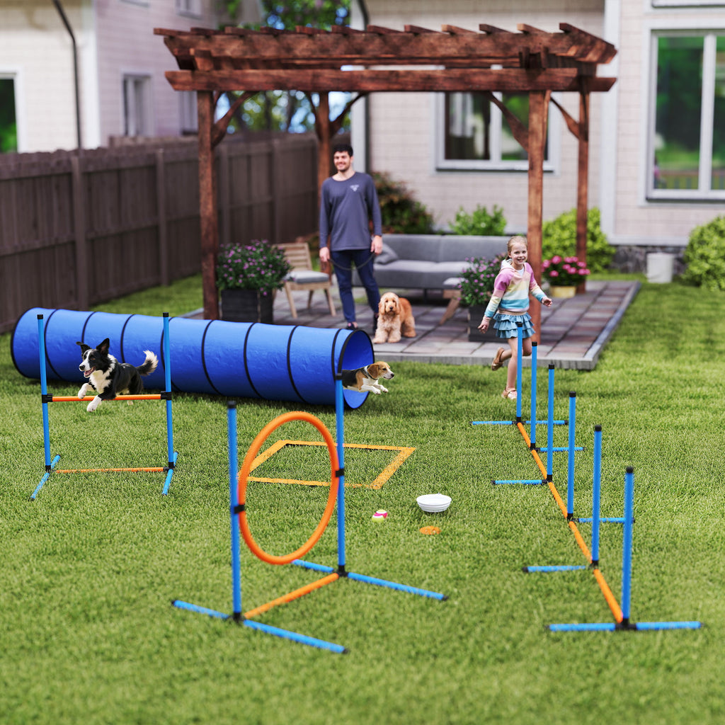 Agility rinkinys šunims, 8 dalių, su tuneliu, slalomo stulpais, reguliuojamais barjerais ir šuolių lanku, oranžinis
