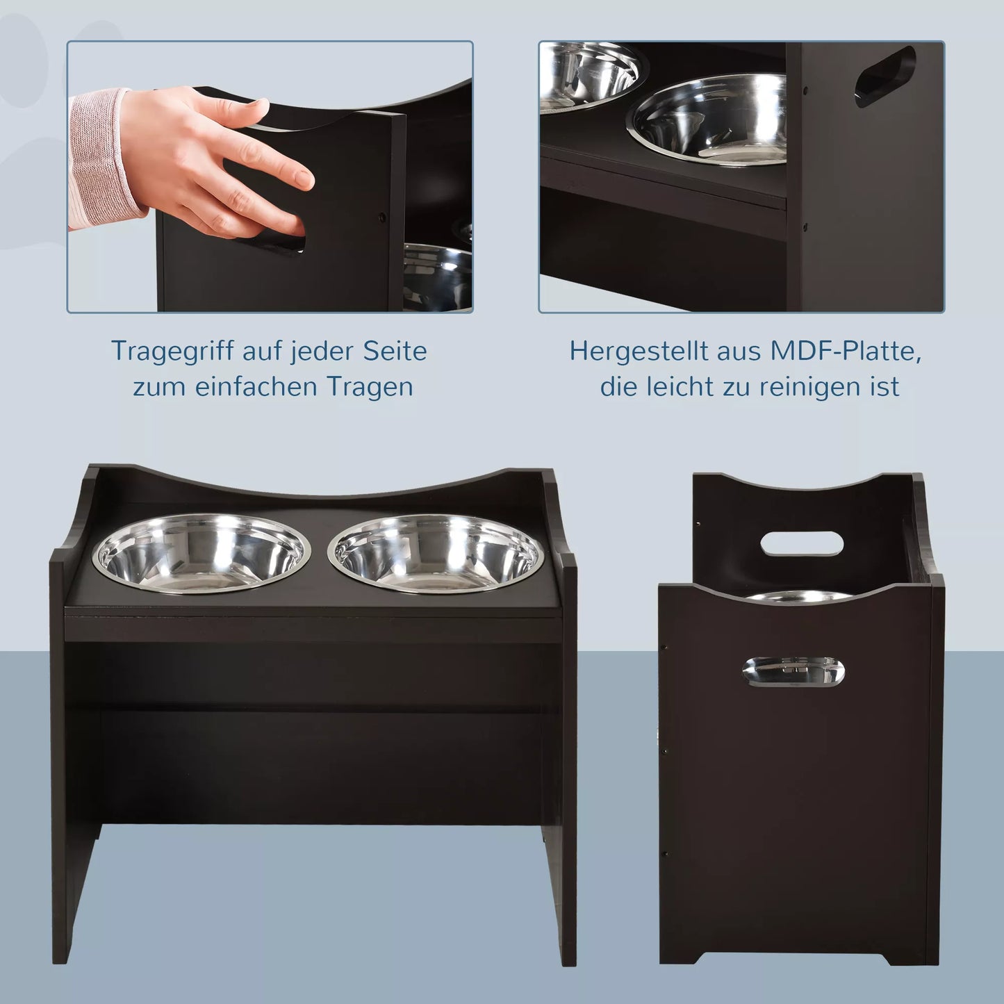 Paaukštintas šunų dubenėlis, reguliuojamo aukščio maisto ir vandens dubenėlis su stovu, 2 x 2L nerūdijančio plieno dubenėliai, reguliuojamas lėto maitinimo dubenėlis, lesyklėlė visų dydžių šunims, kavos spalva