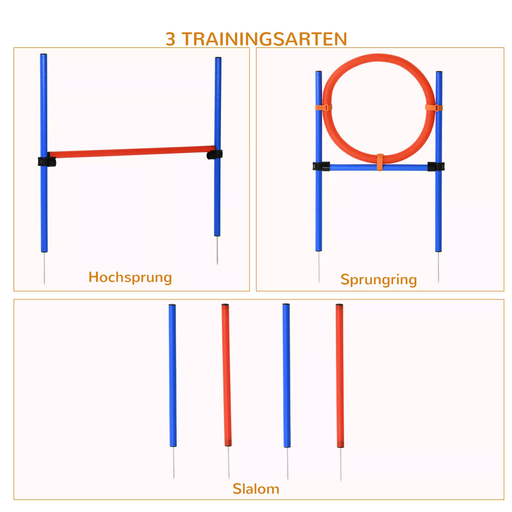 Šunų agiliti treniruočių įranga, agiliti treniruočių rinkinys, šunų agiliti rinkinys, slalomo barjerų ir šokinėjimo lankas šunims, 3in1 šunų sporto treniruočių aikštelė, Mėlyna+Raudona