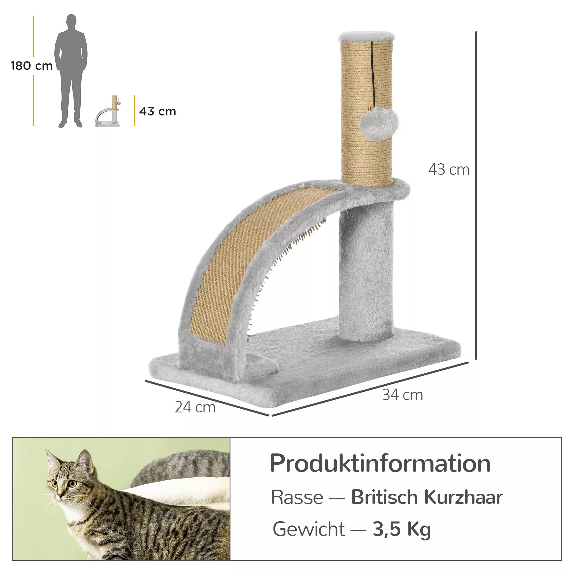 Kaķu skrāpēšanas stabs ar džutas apdari, piekarināma bumba ar zvaniņu, skrāpējamais dēlis, 34 cm garums x 24 cm platums x 43 cm augstums, pelēks