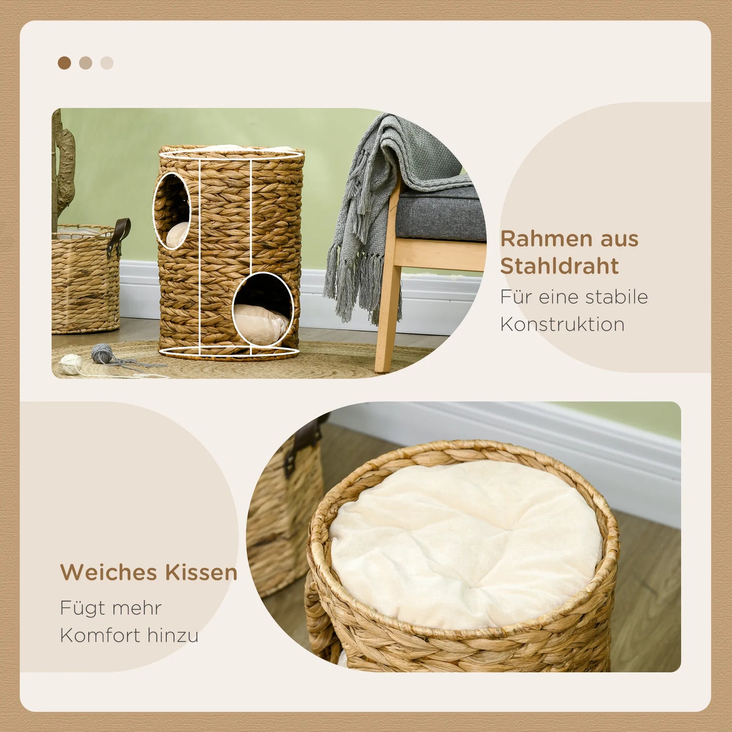 Kaķu māja, 47 cm, 2 alas, spilvens, skrāpējamais stabs ar kaķu gultu, ūdens hiacintes kaķu tornis, gaiši brūns