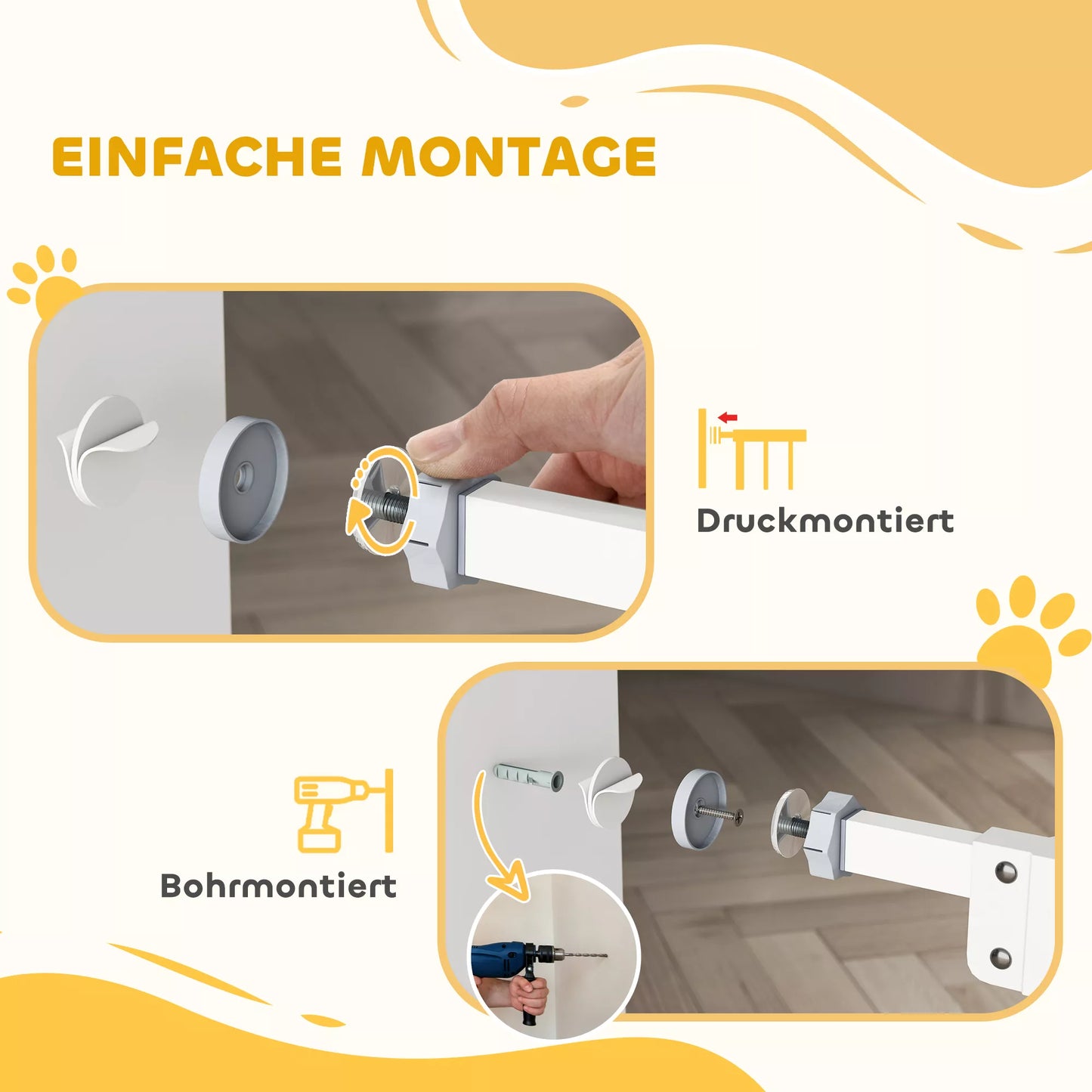 Apsauginiai varteliai su kačių durelėmis, montuojami be gręžimo, reguliuojamo pločio 74-80 cm, atidaromi viena ranka, metaliniai, balti
