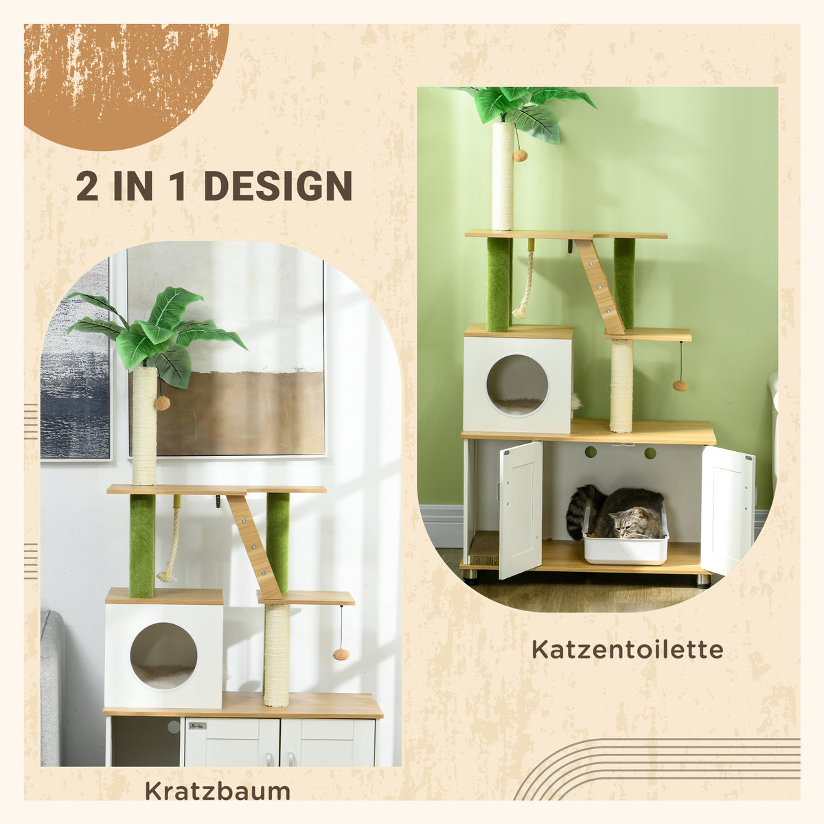Draskyklė 160 cm su spintele tualetui, nameliu, kopėtėlėmis ir platformomis, katėms iki 5 kg, ąžuolo/balta