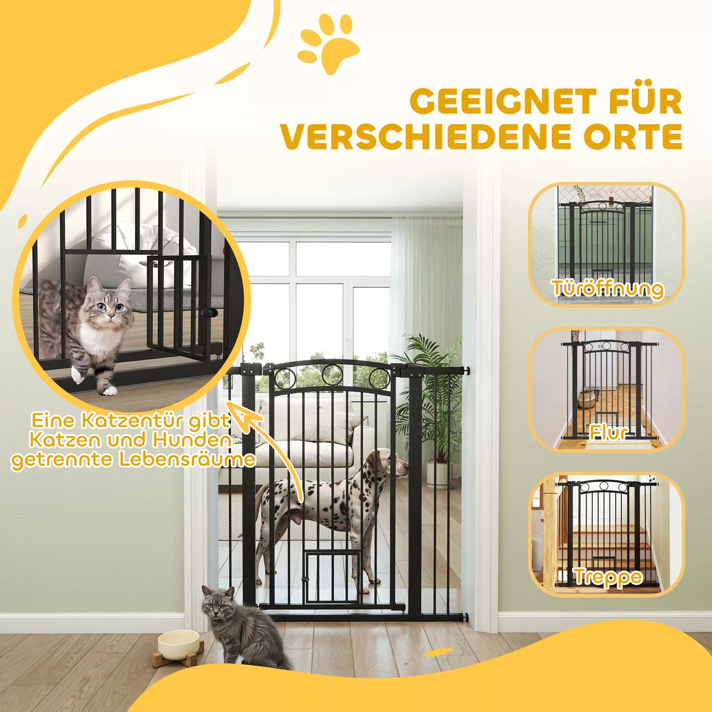 106 cm aukščio reguliuojamo pločio gyvūnų varteliai su integruotomis katės durelėmis, skirti laiptams ir durų staktoms, juodi