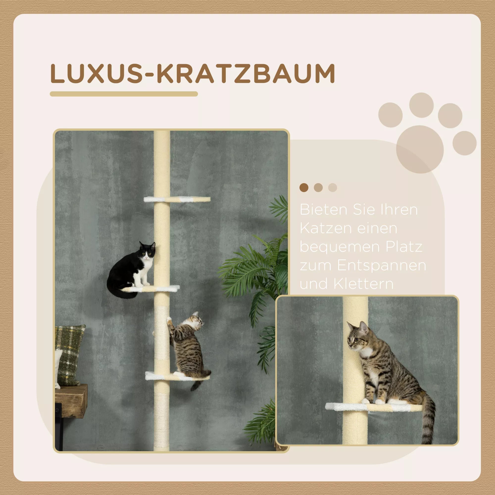 Kaķu mājiņa ar regulējamu augstumu, neslīdoša, ar sizala virvēm pārklātiem stabiem, augstums 220–260 cm, platums 47 cm, dziļums 34 cm, dzeltena/balta/zila