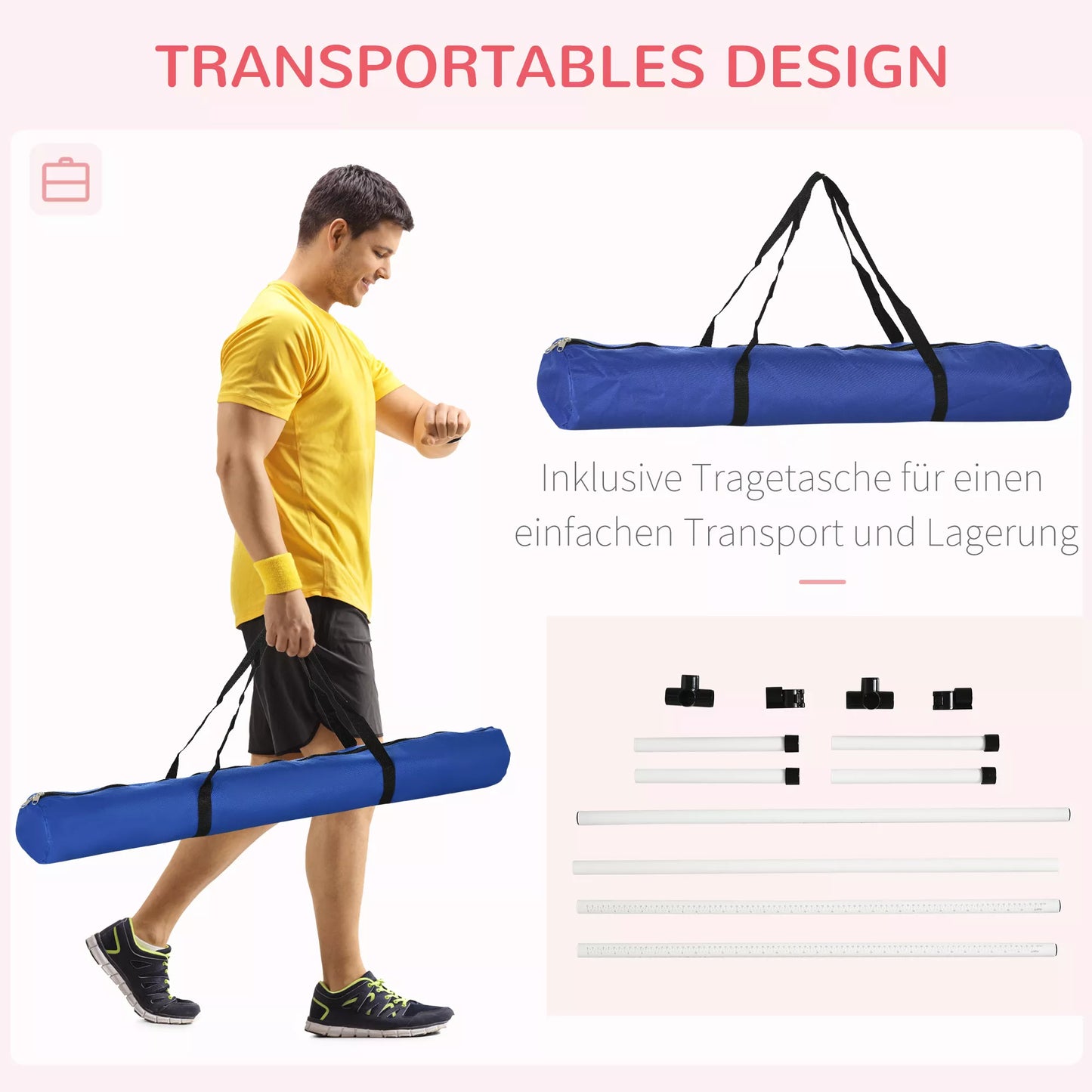 Šunų Agility Rinkinys, 4 dalys, reguliuojamo aukščio. Agility įranga, šuolių kartelių rinkinys, su 4 kliūtimis, su nešiojimo krepšiu. Koordinacijos treniruotėms, šuolių kartelių rinkinys žaidimams ir treniruotėms.