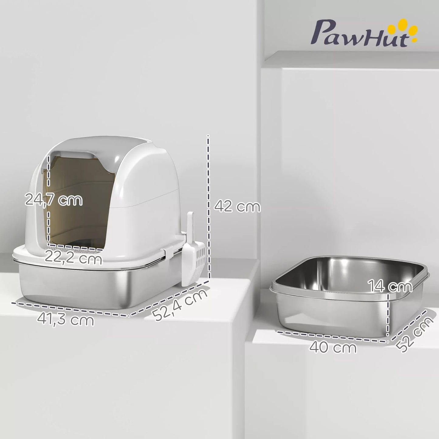 Nerūdijančio plieno kačių tualetas su dangčiu, uždara dėžė su samteliu, plienas ir plastikas, katėms iki 5kg 52,4 x 41,3 x 42 cm, balta