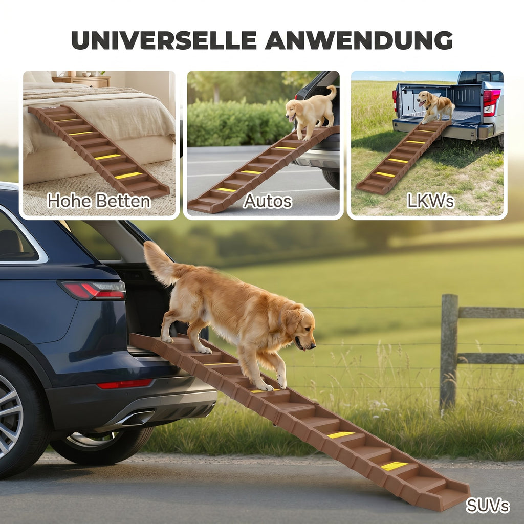 Sulankstoma rampa-laiptai šunims į automobilį, 154x40 cm, 10 pakopų, šunims iki 25 kg, ruda