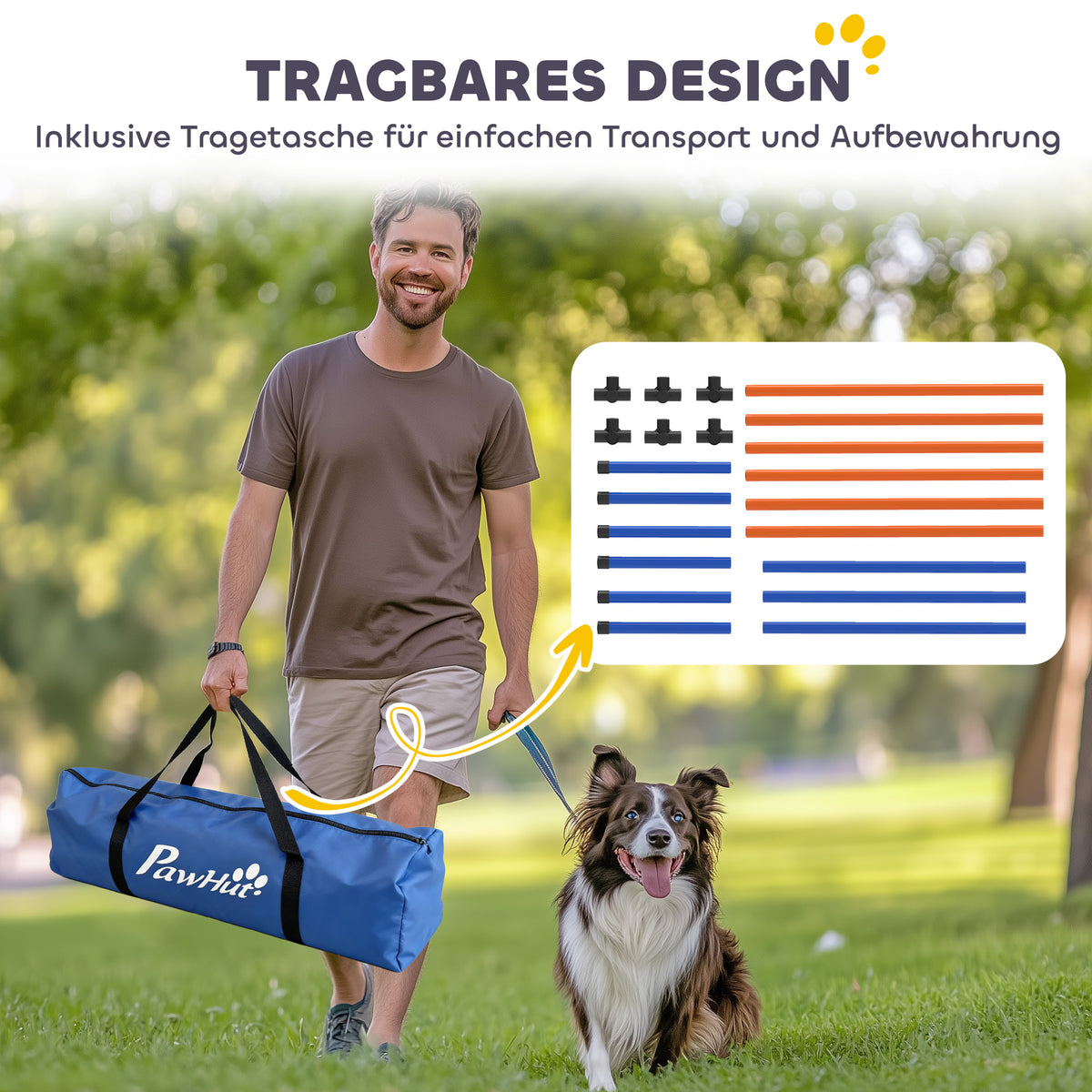 Agility slalomo stulpų rinkinys šunims, 3 dalių, su krepšiu, visų dydžių šunims, oranžinis