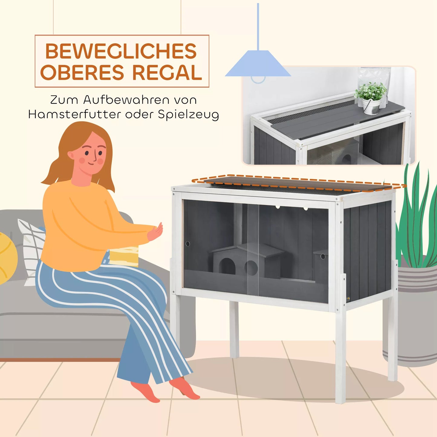 Hamsterio narvas, 3000 cm² nykštukinių žiurkėnų narvas iš medžio ir metalo, su 2 nameliais, akrilo stumdomomis durimis, stabilus, saugus, Pilka+Balta