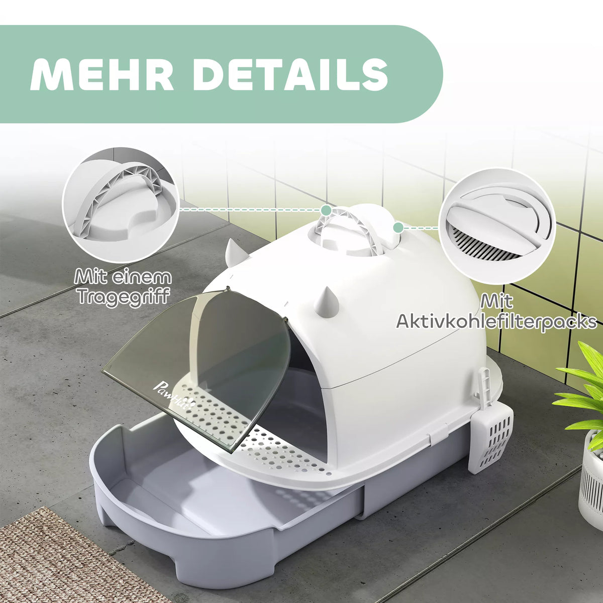 Katės tualetas su dangčiu, kastuvėliu, ištraukiamu stalčiumi ir pedalu prie įėjimo, katėms iki 5 kg, 40,5 x 52 x 39 cm, pilkas