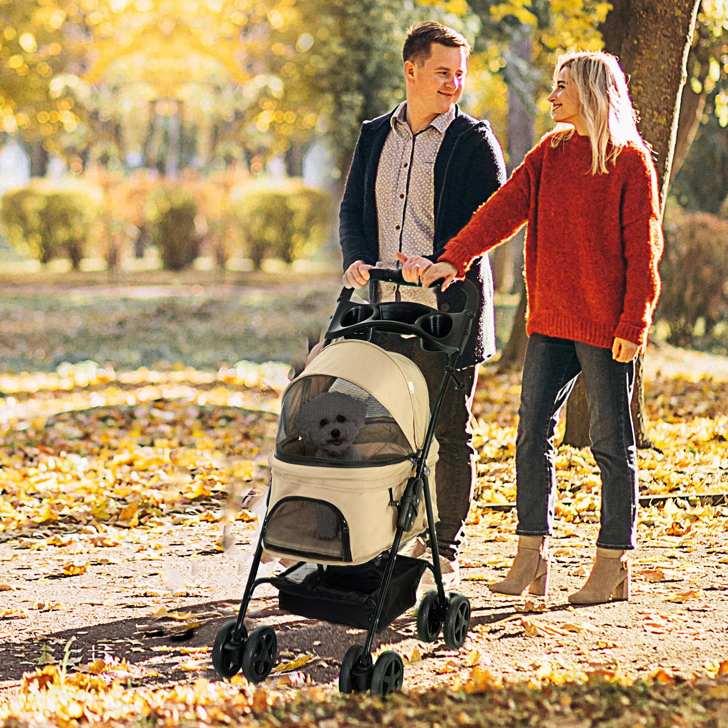 Suņu ratiņi, salokāmi, 2 drošības pavadas, 2 krūzīšu turētāji, 67 x 45 x 96 cm, haki krāsā