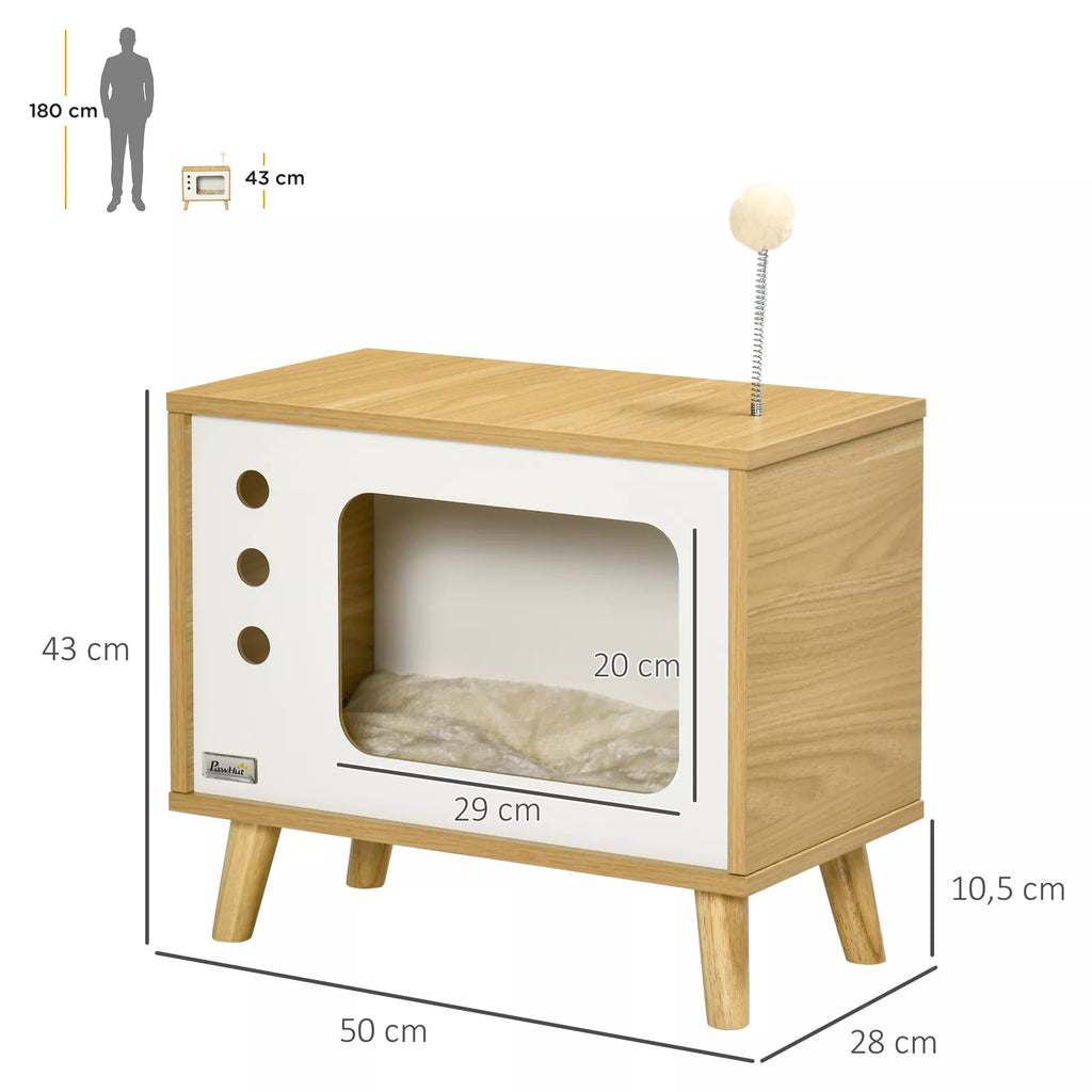 Kaķu mājiņas TV dizains ar rotaļlietu, mazgājams spilvens, 50 cm x 28 cm x 43 cm, ozols + bēšs + balts